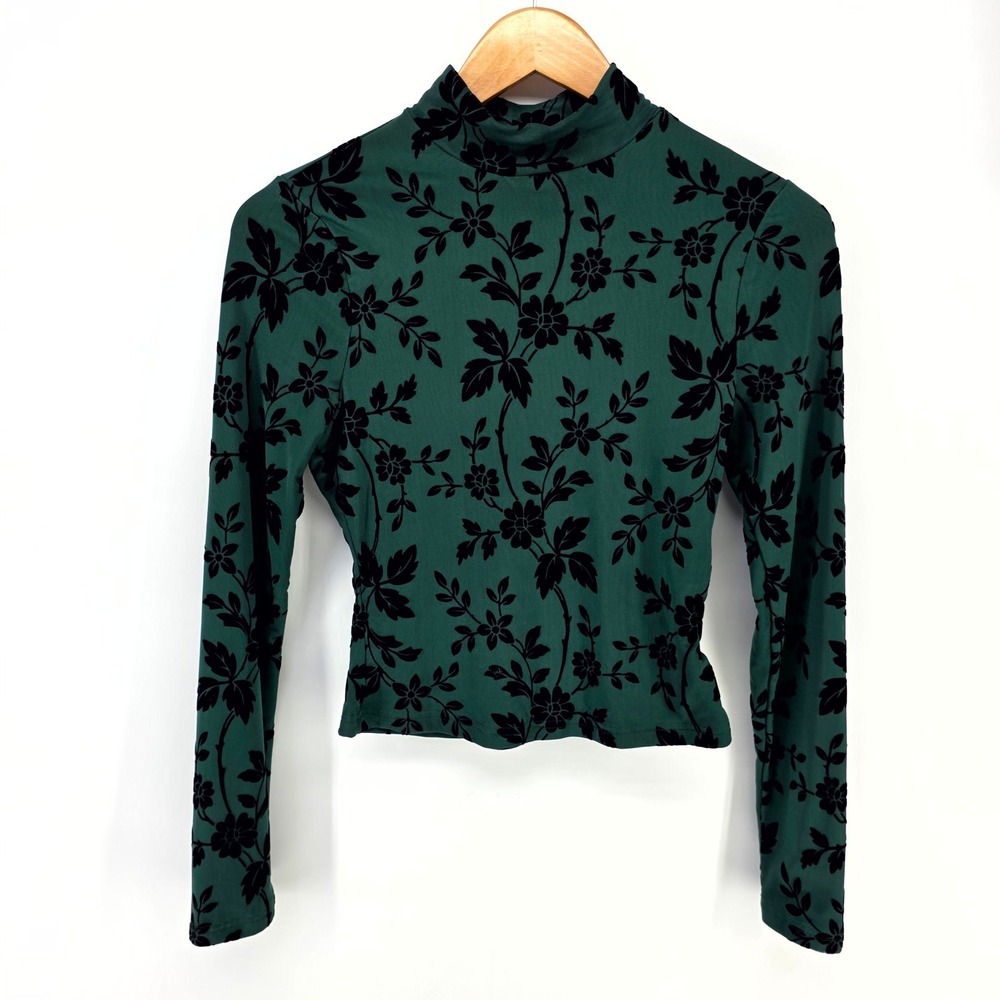 Mascomoda Mock Neck Top Womens XS Green Black Flocked Velvet Floral Long Sleeve